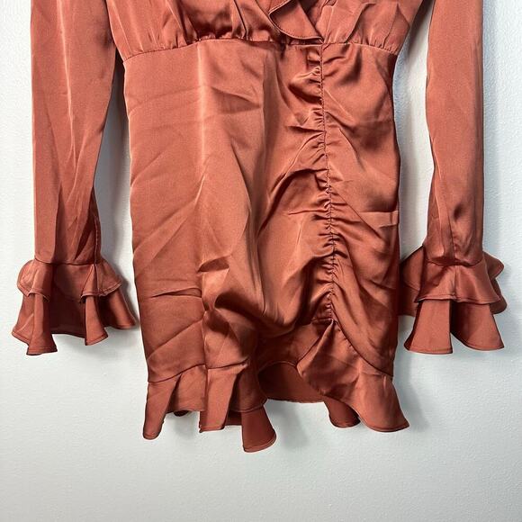 Majorelle X Revolve Dress Nelly Ruffle Surplice Shirred Mini Terracotta Brown S - Picture 6 of 10